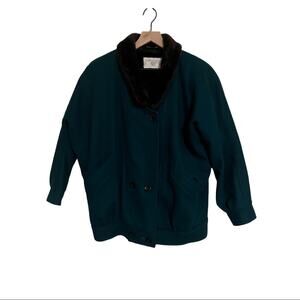 Vintage International Scene Dark Green 100% Wool Coat w/ Faux Fur Lining